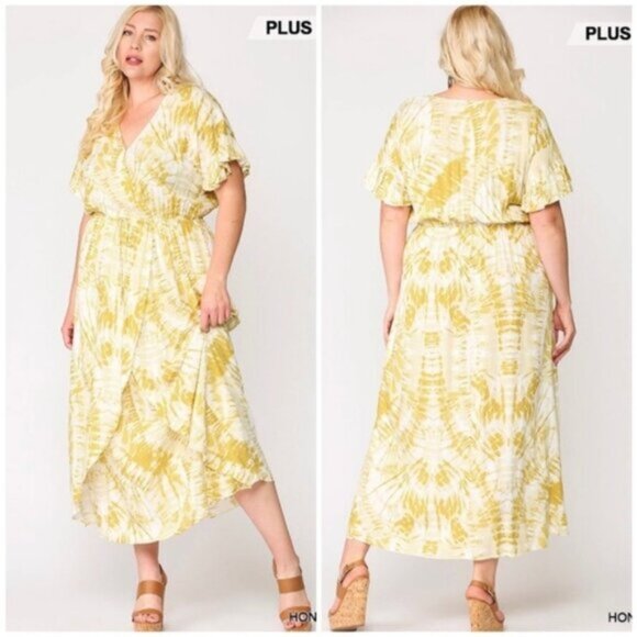 Gigio | Sunburst Golden Tie Dye Peek A Boo Slit Surplice Maxi Dress New 1X Plus - Picture 1 of 11